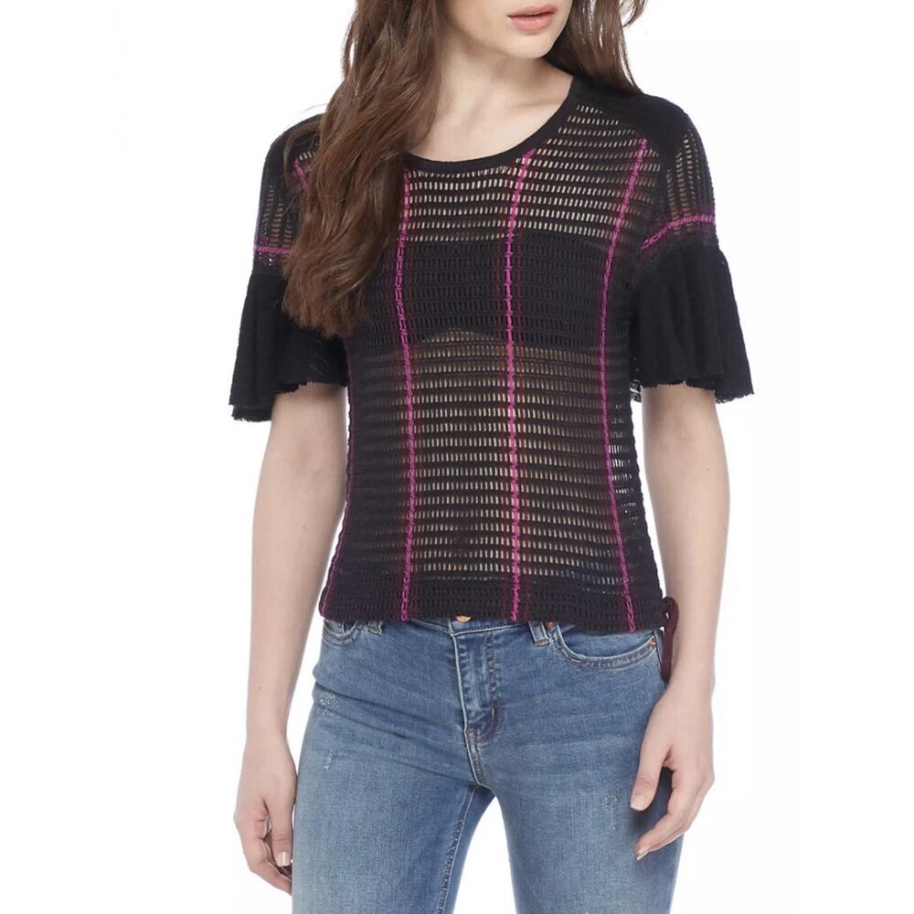 Free People Babes Only Black Purple Striped Open Knit Sweater Size M Boho Y2K